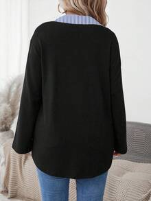 EMERY ROSE Plus Size Casual Patchwork Striped Turndown Collar Long Sleeve Shirt, Autumn - Blue - View 3