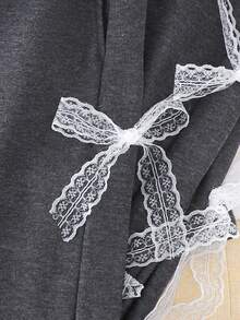 灰色蕾丝T恤和灰色蝴蝶结休闲裤 - 深灰色 - 查看 4