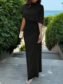 Aloruh Đầm dài thời trang đi làm thanh lịch tối giản thiết kế cạp chun nhiều lớp nhún bèo nhún tôn dáng, thích hợp đi làm, hẹn hò, nghỉ dưỡng - màu đen - Xem 8