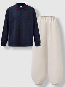 SHEIN Explorewe 2pcs/Set Kids Boys Knitted Long Sleeve Collared Sweatshirt And Casual Pants Set, Autumn/Winter New Arrival - Navy Blue - View 11