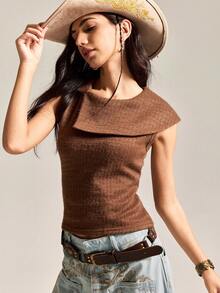 Easelle Women's Casual Coffee Brown Sleeveless Cropped Fashionable Versatile Women Top Flip Collar Design Is Fashionable - Brown - View 1