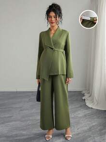 Momance 女士优雅领口 V 领长袖独特腰带夹克和直筒阔腿裤孕妇装两件套 - 綠色 - 查看 2