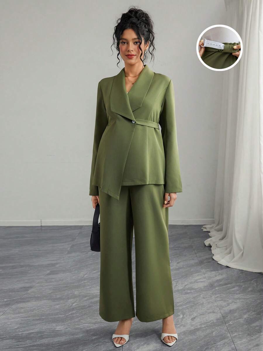 Momance 女士优雅领口 V 领长袖独特腰带夹克和直筒阔腿裤孕妇装两件套