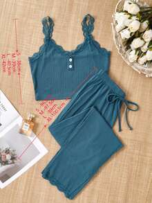 Lace Trim Cami Top & Pants PJ Set / Pajama Set Lounge Set