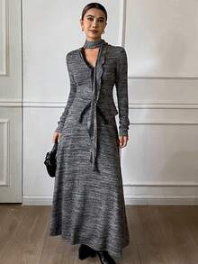 DAZY طقم ملابس علوية طويلة الأكمام ذات رقبة على شكل حرف V وتنورة طويلة على شكل حرف A للنساء، طقم ملابس كاجوال للعطلات، خريف/شتاء، قطعتان