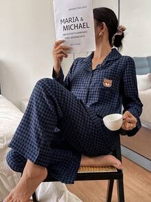 SHEIN 格子印花熊头刺绣口袋前扣长袖上衣和裤子睡衣套装，女士泰迪熊睡衣套装，秋季睡衣，女士藏蓝色睡衣套装，冬季服装 - 彩色 - 查看 5