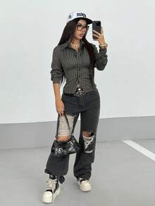 StreetHx 女式复古条纹修身衬衫 - 深灰色 - 查看 4