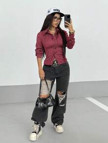 StreetHx Women's Retro Fitted Striped Shirt