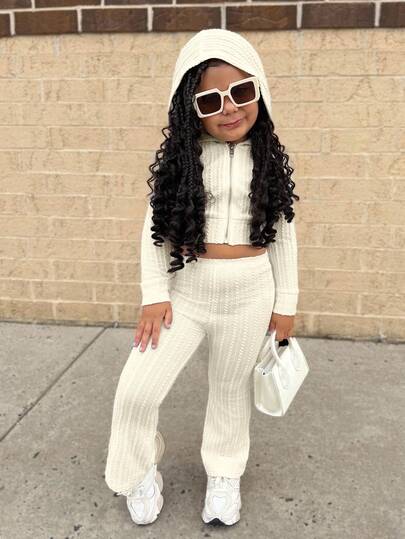 Set de 2 piezas: Sudadera con capucha de punto texturizado + Pantalones acampanados para niñas jóvenes, moda casual versátil para uso diario