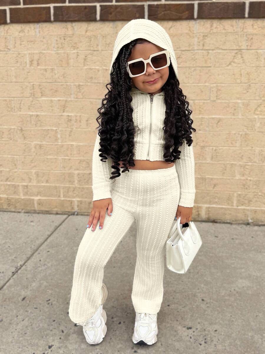 Set de 2 piezas: Sudadera con capucha de punto texturizado + Pantalones acampanados para niñas jóvenes, moda casual versátil para uso diario - Blanco - Ver 1
