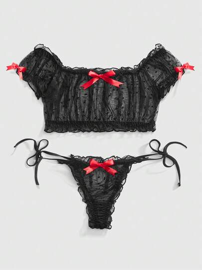 Kawaii Set di lingerie sexy da donna con spalle scoperte, arricciature e lacci a pois in rete