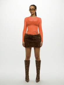 SUMWON WOMEN Long Sleeve Sheer Mesh Top Bodycon Crop Layering Y2K Streetwear Festival Club Party Dancing Workout Athleisure - Orange - View 3