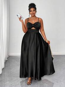 Maweii Plus Size Elegant Solid Color Maxi Slip Dress, Summer - Black - View 4