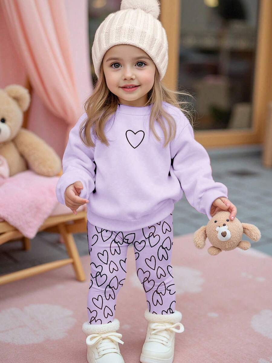 柔和薰衣草色，可爱爱心印花，女婴休闲简约柔软厚实舒适圆领长袖卫衣和打底裤套装，适合秋冬季日常穿着、居家、舒适季节、秋冬穿搭、轻松舒适、女婴秋冬叠穿、时尚女婴、休闲装、女婴图案服装、秋冬服装、圣诞节服装、别致秋季、秋季新款、返校季、冬季时尚 - 彩色 - 查看 1