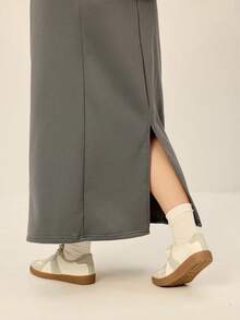 Juhart Bộ đồ 2 món dành cho nữ cỡ lớn, chất liệu dệt kim, kiểu dáng thể thao thường ngày, tay dài, phối màu, gồm áo sweatshirt và chân váy, thích hợp cho mùa thu/đông. - Màu xám đen - Xem 8