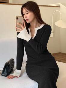 DAZY 复古法式修身拼色长袖毛衣裙 - 黑色 - 查看 5