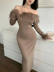 Feyla Women's Solid Color Off-Shoulder Fluffy Splice Elegant Long Sleeve Dress Long Evening Dresses - Brown - View 5