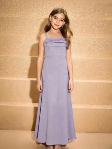 Girls' Elegant Minimalist Spaghetti Strap Sleeveless Draped Neck Waisted Long Dress, Shiny Gray-Purple Color, High-End Fabric, Suitable For Graduation, Prom, Christmas Party - Purple - View 1