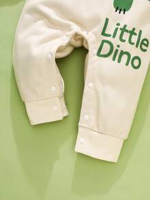 SHEIN Baby Boy Winter Clothing,White,Winter,Cute Modest,Graphic,Family Matching Playful Dinosaur Pattern Long-Sleeved Jumpsuit With 3D Ear Tab Press Studs - Multicolor - View 6