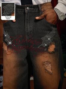 PAVTROS Vintage Washed High-End Wing & Letter Crystal Embellished Jeans, Unisex Gothic Jeans, For Christmas - Blue - View 4