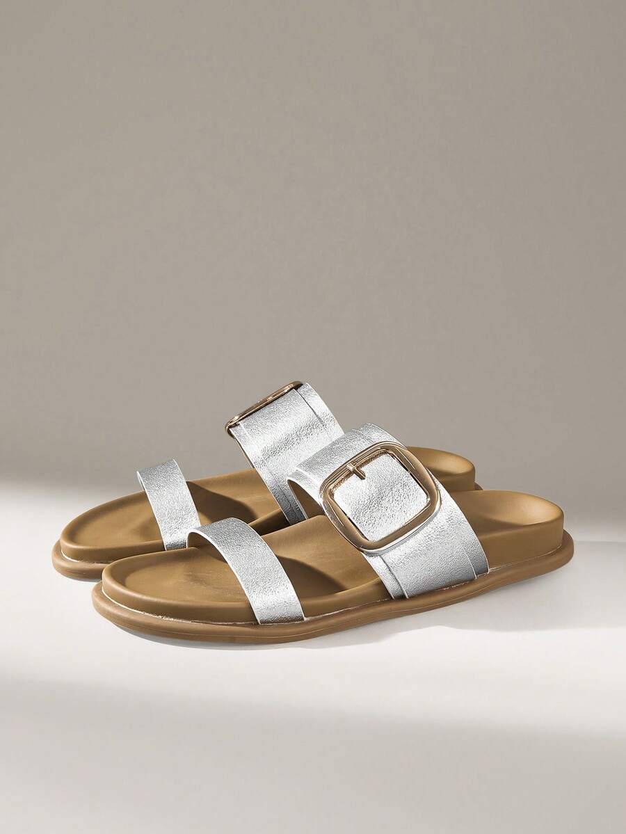 Solecia 女士编织材质金属扣平底勃肯凉鞋 - 銀色 - 查看 1