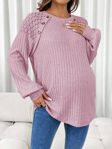 SHEIN Maternity Pink Solid Color Rib Knit Casual Long Sleeve T-Shirt Pullover For Autumn Fall Winter - Baby Pink - View 5