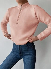 SHEIN Cottnline Women's Solid Color Half Zip Sweater - Coral Pink - View 3