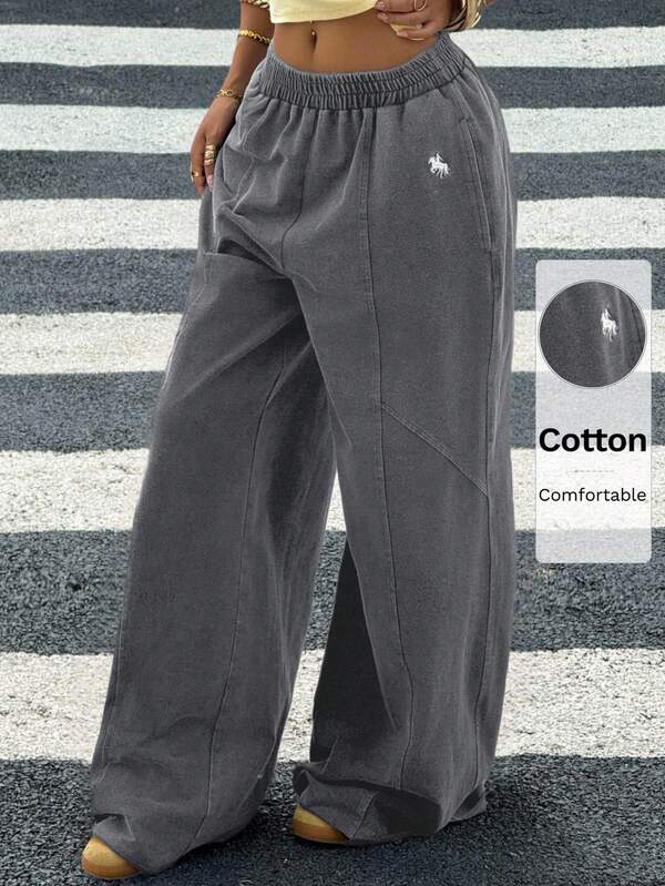 Muchica Women's Vintage Distressed Wide Leg Knit Sweatpants, Grey