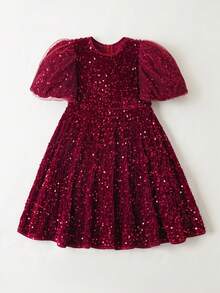 Maija Kids Young Girl Classic Fashion Versatile Party & Casual Elegant Minimalist Sequin Round Neck Petal Sleeve Design Shiny Sophisticated Graceful Dress, Suitable For Christmas - Rose Red - View 3