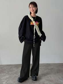 FRIFUL Quần ống đứng vải họa tiết trơn màu tối giản dành cho nữ - màu đen - Xem 2