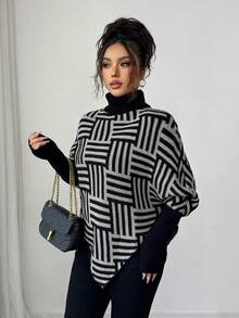 Elenzga Women's Elegant High Neck Geometric Textured Poncho Sweater, Colorblock, Suitable For Home & Travel, Spring/Autumn - Grey - View 5