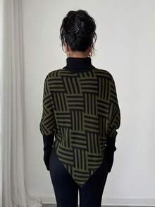 Elenzga Women's Elegant High Neck Geometric Textured Poncho Sweater, Colorblock, Suitable For Home & Travel, Spring/Autumn - Army Green - View 2