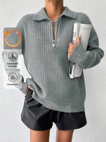 EURMUSE 1pc Women's Solid Color Zip-Up Long Sleeve Collared Minimalist Casual Sweater - Grey - View 1