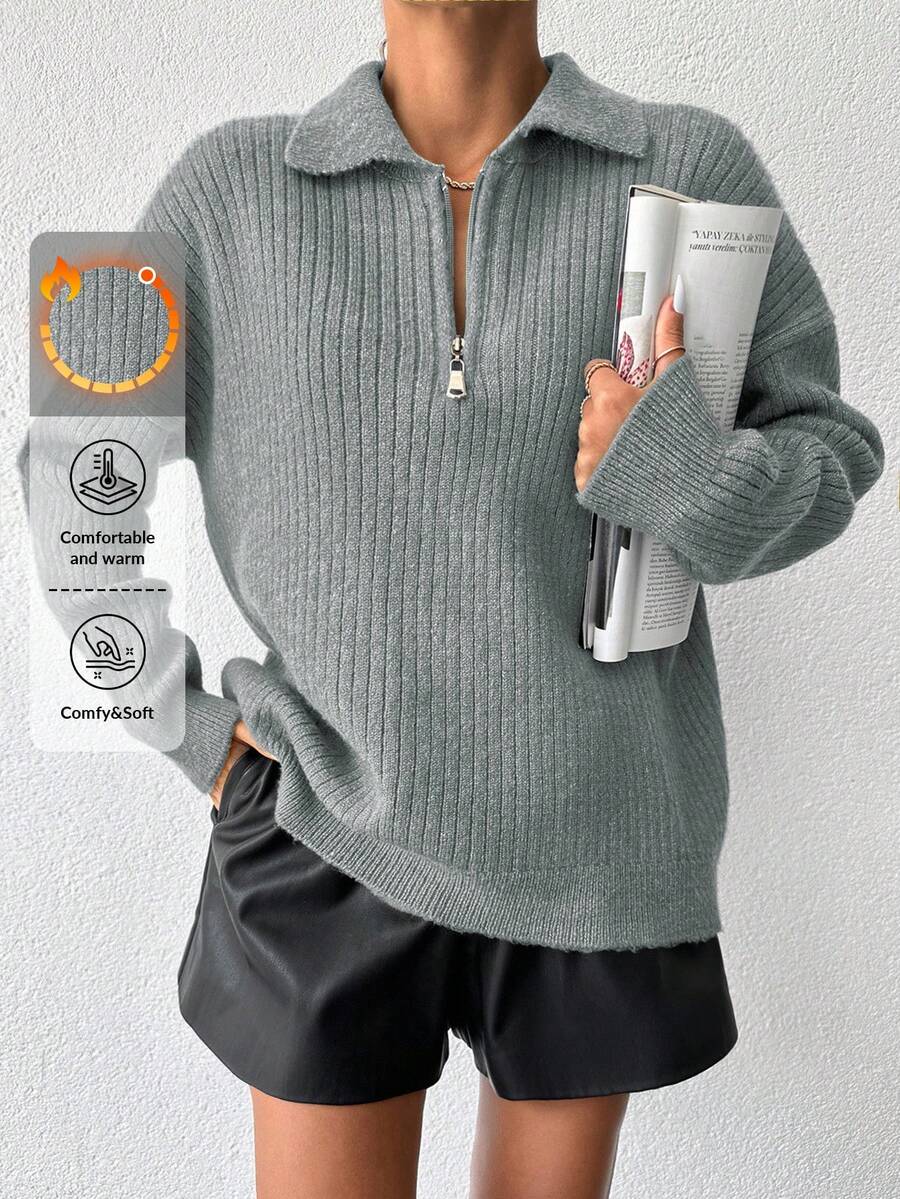 EURMUSE 1pc Women's Solid Color Zip-Up Long Sleeve Collared Minimalist Casual Sweater - Grey - View 1