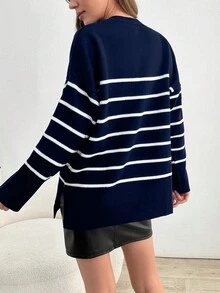 SHEIN Tall Women's Casual Everyday Colorblock Striped Crew Neck Sweater, Autumn/Winter - Navy Blue - View 2
