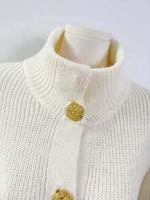 Franclia Women's Cream White Autumn Elegant Everyday Knitted A-Line Dress,Stand Collar Long Sleeve Single-Breasted Sweater Dress With Metal Buckle Belt Slim - Apricot - View 5