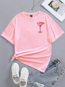 Flirla 加大码宽松玛格丽塔图案长款T恤女式图案T恤上衣 - 粉色 - 查看 2