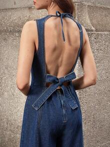 Selenza 女式时尚性感露背阔腿牛仔连体裤 - 藍色 - 查看 3