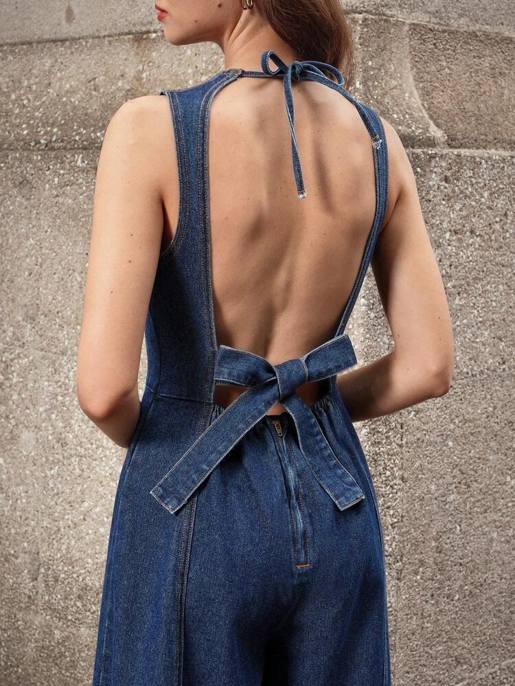 Selenza Mono vaquero de pierna ancha y espalda descubierta de moda y sexy para mujer - Azul - Añade 3