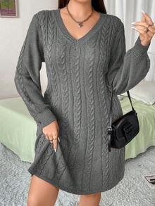 Vionelle 时尚灯笼袖V领麻花针织毛衣裙 - 灰色 - 查看 5