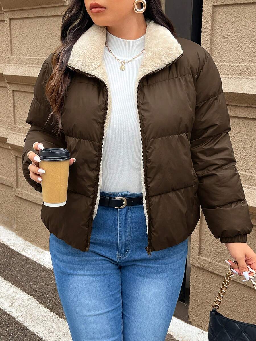 SHEIN Frenchy 大码女式棉质短外套 - 咖啡棕 - 查看 1