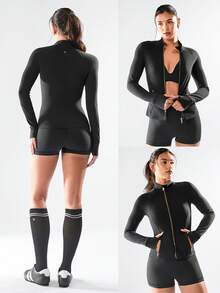 GLOWMODE FeatherFit™ Slim-It Streamline Performance Secure Pockets Zip Up Long Sleeve Jacket Low Impact Yoga Daily Fall - Black - View 7