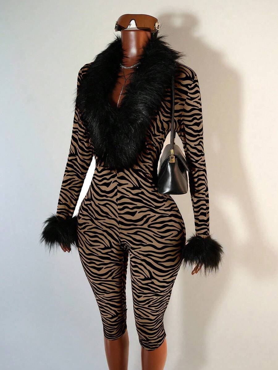 Mistrie 女式斑马纹长袖毛领连体裤 - 棕色 - 查看 1