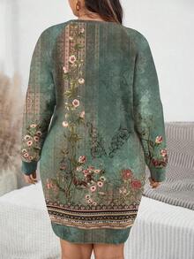 EMERY ROSE Casual Retro Elegant Floral Pattern Plus Size Sweatshirt, Autumn/Winter - Multicolor - View 2