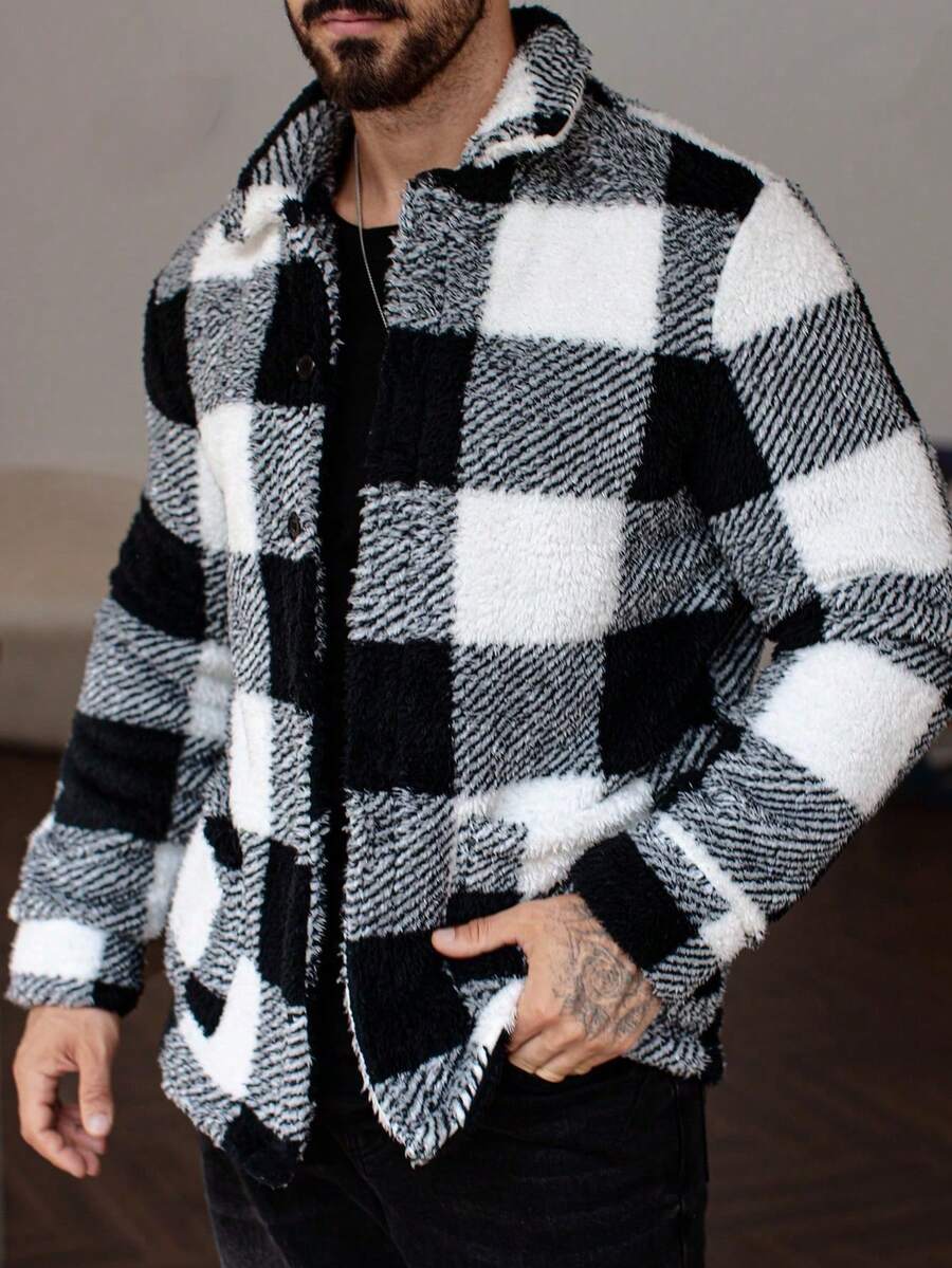 Manfinity Homme Men's Loose Fit Plaid Fleece Long Sleeve Single Breasted Casual Jacket, Autumn Winter,Men Flannel,Winter Men Jacket Men Knitted Button Up Men Shacket Men Flannels Black And White Jacket Plaid Jacket Men - Black - View 1