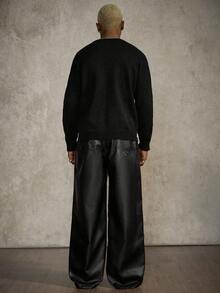 PAVTROS Manfinity Streetrush 男士黑色 PU 皮革长裤，宽松休闲直筒裤，送给男友或老公的绝佳礼物，黑色长裤，街头服饰，皮革长裤，保暖冬季，圣诞节男士黑色皮革长裤