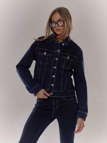 MUSERA Contrast Stitch Denim Jacket Autumn Winter Cute Casual Cosy Chic Spring Summer - Dark Wash - View 5