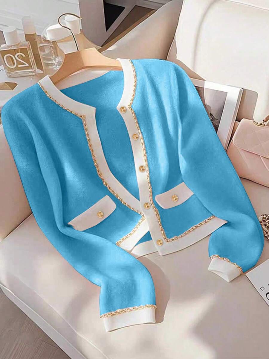 GlowEve 女士优雅柔和撞色针织开衫毛衣外套，秋冬 - 藍色 - 查看 1