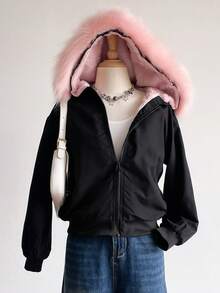 Sweetra Young Áo khoác ngắn oversize có mũ trùm đầu bằng lông cừu màu hồng cho bé gái tuổi teen, cổ lông, thích hợp cho việc đi lại hàng ngày - màu đen - Xem 1