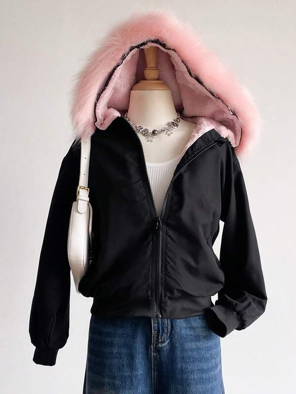 Sweetra Young Tween Girl Pink Fleece Hooded Oversized Short Jacket With Fur Collar, Suitable For Daily Commute